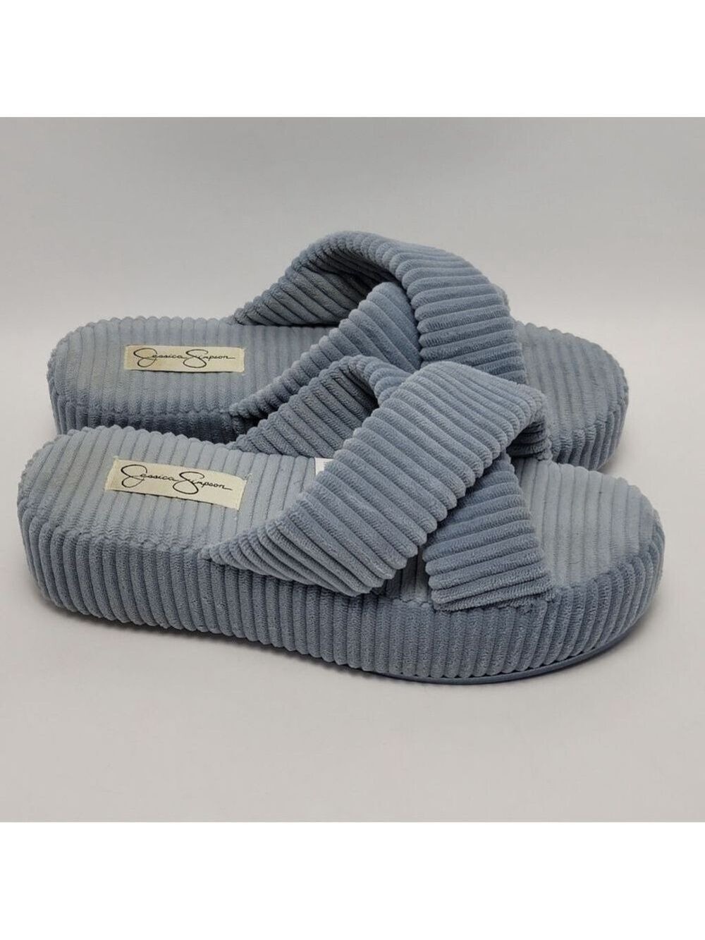 Jessica Simpson Sky Blue Corduroy Ribbed Terry Criss Cross Band Slippers 7-8 M